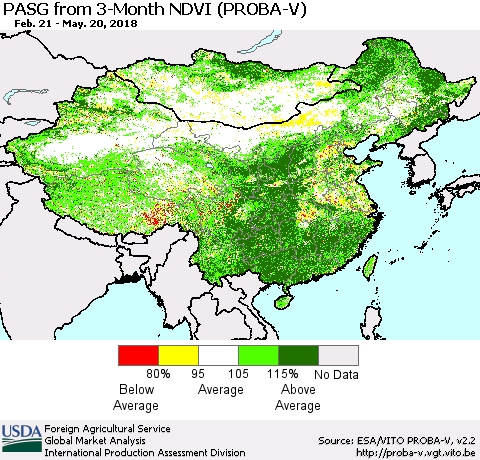 China, Mongolia and Taiwan PASG from 3-Month NDVI (PROBA-V) Thematic Map For 5/11/2018 - 5/20/2018