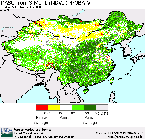 China, Mongolia and Taiwan PASG from 3-Month NDVI (PROBA-V) Thematic Map For 6/11/2018 - 6/20/2018