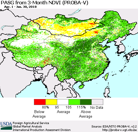 China, Mongolia and Taiwan PASG from 3-Month NDVI (PROBA-V) Thematic Map For 6/21/2018 - 6/30/2018