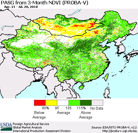 China, Mongolia and Taiwan PASG from 3-Month NDVI (PROBA-V) Thematic Map For 7/11/2018 - 7/20/2018