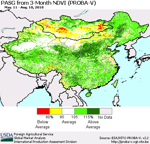 China, Mongolia and Taiwan PASG from 3-Month NDVI (PROBA-V) Thematic Map For 8/1/2018 - 8/10/2018