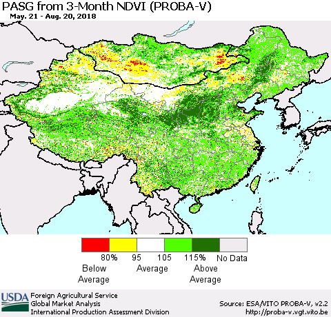 China, Mongolia and Taiwan PASG from 3-Month NDVI (PROBA-V) Thematic Map For 8/11/2018 - 8/20/2018