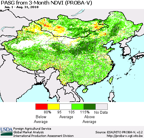 China, Mongolia and Taiwan PASG from 3-Month NDVI (PROBA-V) Thematic Map For 8/21/2018 - 8/31/2018