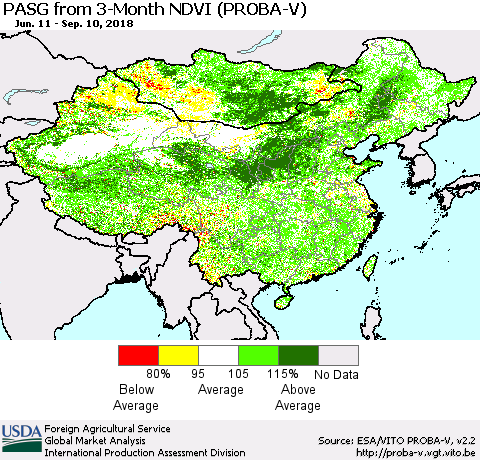 China and Taiwan PASG from 3-Month NDVI (PROBA-V) Thematic Map For 9/1/2018 - 9/10/2018