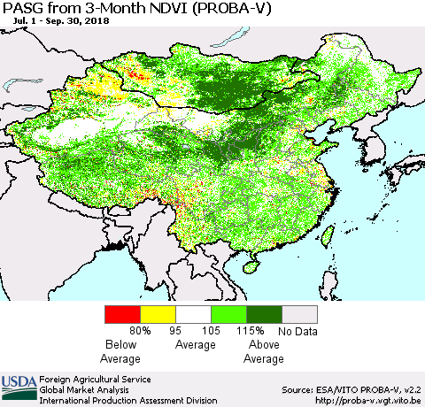 China, Mongolia and Taiwan PASG from 3-Month NDVI (PROBA-V) Thematic Map For 9/21/2018 - 9/30/2018