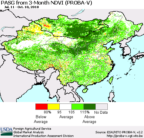 China, Mongolia and Taiwan PASG from 3-Month NDVI (PROBA-V) Thematic Map For 10/1/2018 - 10/10/2018