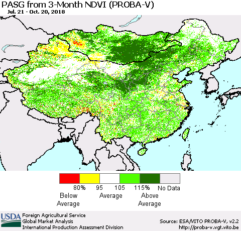 China and Taiwan PASG from 3-Month NDVI (PROBA-V) Thematic Map For 10/11/2018 - 10/20/2018