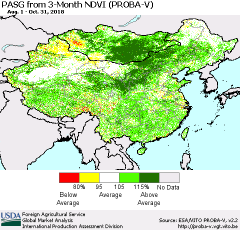China, Mongolia and Taiwan PASG from 3-Month NDVI (PROBA-V) Thematic Map For 10/21/2018 - 10/31/2018