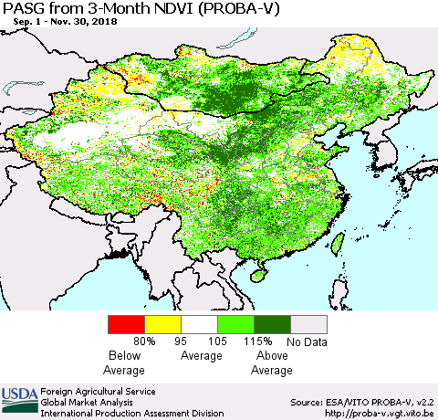 China, Mongolia and Taiwan PASG from 3-Month NDVI (PROBA-V) Thematic Map For 11/21/2018 - 11/30/2018