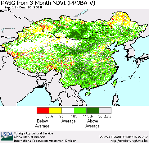 China and Taiwan PASG from 3-Month NDVI (PROBA-V) Thematic Map For 12/1/2018 - 12/10/2018