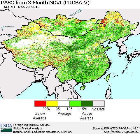 China and Taiwan PASG from 3-Month NDVI (PROBA-V) Thematic Map For 12/11/2018 - 12/20/2018