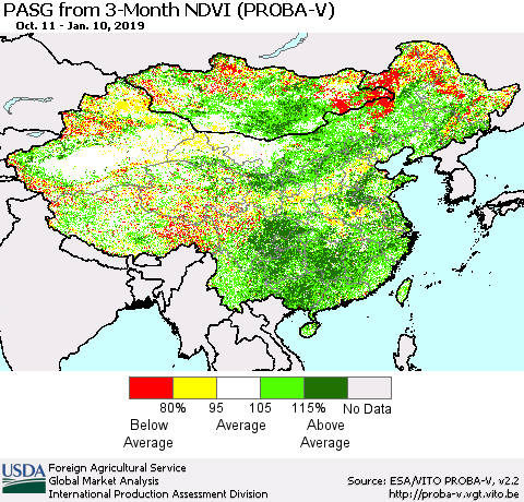 China, Mongolia and Taiwan PASG from 3-Month NDVI (PROBA-V) Thematic Map For 1/1/2019 - 1/10/2019