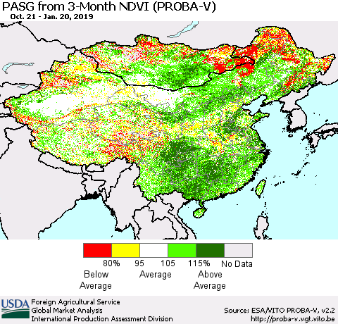 China and Taiwan PASG from 3-Month NDVI (PROBA-V) Thematic Map For 1/11/2019 - 1/20/2019