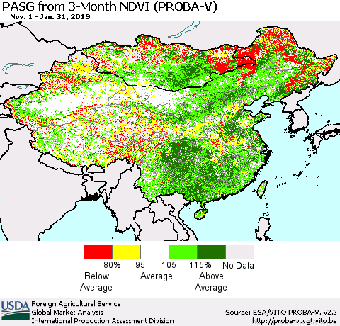 China and Taiwan PASG from 3-Month NDVI (PROBA-V) Thematic Map For 1/21/2019 - 1/31/2019