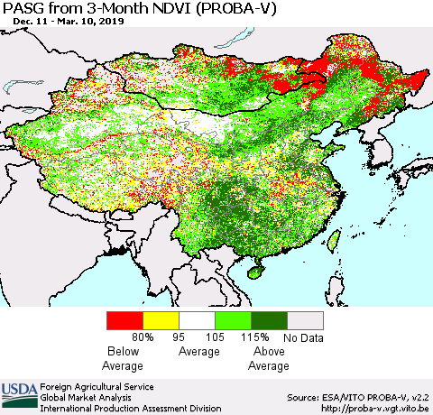 China and Taiwan PASG from 3-Month NDVI (PROBA-V) Thematic Map For 3/1/2019 - 3/10/2019