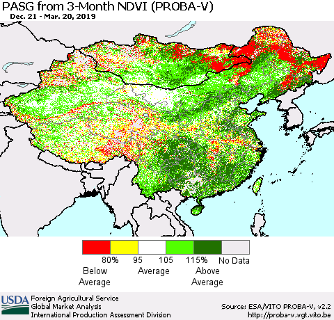 China and Taiwan PASG from 3-Month NDVI (PROBA-V) Thematic Map For 3/11/2019 - 3/20/2019