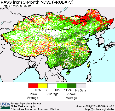 China and Taiwan PASG from 3-Month NDVI (PROBA-V) Thematic Map For 3/21/2019 - 3/31/2019