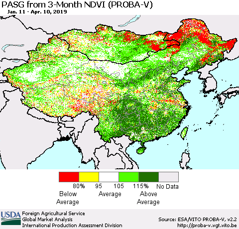 China and Taiwan PASG from 3-Month NDVI (PROBA-V) Thematic Map For 4/1/2019 - 4/10/2019