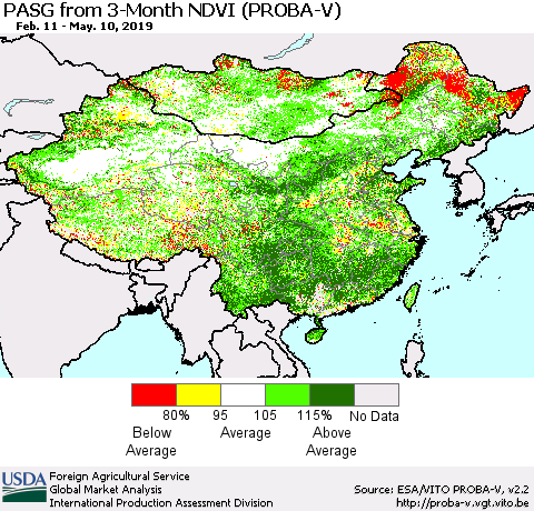 China and Taiwan PASG from 3-Month NDVI (PROBA-V) Thematic Map For 5/1/2019 - 5/10/2019
