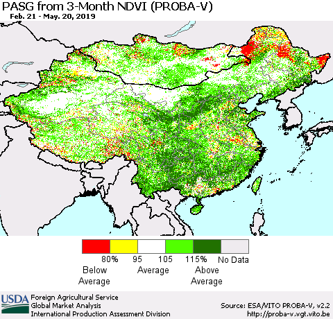 China and Taiwan PASG from 3-Month NDVI (PROBA-V) Thematic Map For 5/11/2019 - 5/20/2019