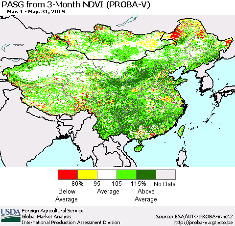 China and Taiwan PASG from 3-Month NDVI (PROBA-V) Thematic Map For 5/21/2019 - 5/31/2019
