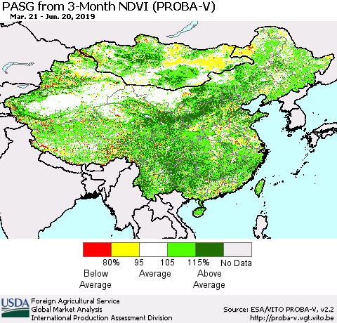 China, Mongolia and Taiwan PASG from 3-Month NDVI (PROBA-V) Thematic Map For 6/11/2019 - 6/20/2019