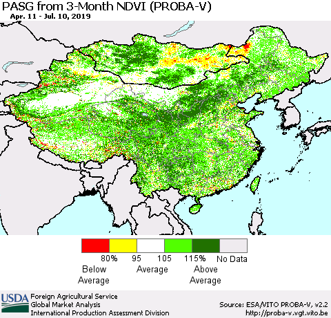 China, Mongolia and Taiwan PASG from 3-Month NDVI (PROBA-V) Thematic Map For 7/1/2019 - 7/10/2019