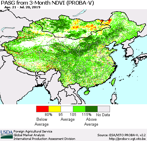 China, Mongolia and Taiwan PASG from 3-Month NDVI (PROBA-V) Thematic Map For 7/11/2019 - 7/20/2019