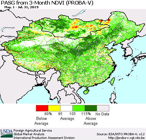 China and Taiwan PASG from 3-Month NDVI (PROBA-V) Thematic Map For 7/21/2019 - 7/31/2019