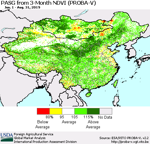 China and Taiwan PASG from 3-Month NDVI (PROBA-V) Thematic Map For 8/21/2019 - 8/31/2019