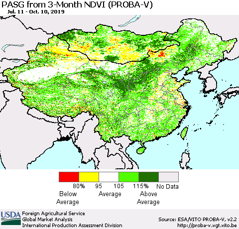 China and Taiwan PASG from 3-Month NDVI (PROBA-V) Thematic Map For 10/1/2019 - 10/10/2019