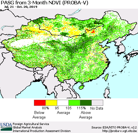 China and Taiwan PASG from 3-Month NDVI (PROBA-V) Thematic Map For 10/11/2019 - 10/20/2019