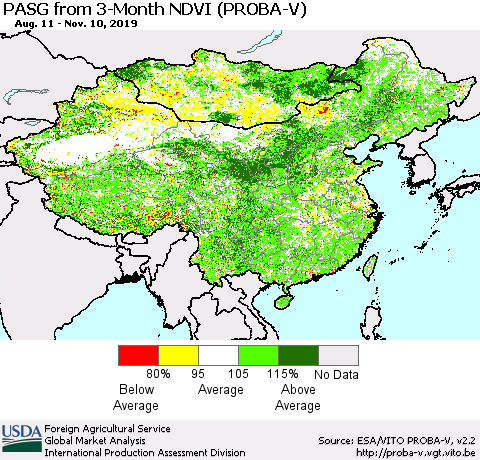 China, Mongolia and Taiwan PASG from 3-Month NDVI (PROBA-V) Thematic Map For 11/1/2019 - 11/10/2019