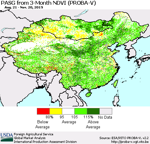 China, Mongolia and Taiwan PASG from 3-Month NDVI (PROBA-V) Thematic Map For 11/11/2019 - 11/20/2019