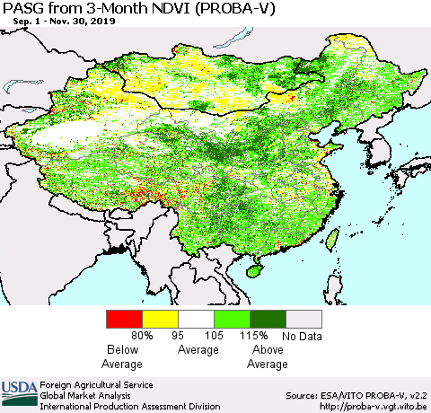 China, Mongolia and Taiwan PASG from 3-Month NDVI (PROBA-V) Thematic Map For 11/21/2019 - 11/30/2019
