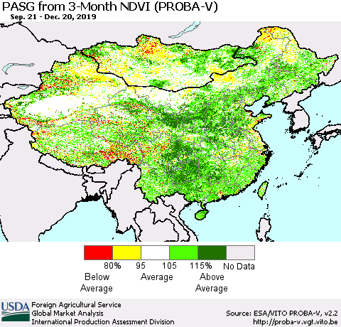 China, Mongolia and Taiwan PASG from 3-Month NDVI (PROBA-V) Thematic Map For 12/11/2019 - 12/20/2019