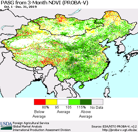 China, Mongolia and Taiwan PASG from 3-Month NDVI (PROBA-V) Thematic Map For 12/21/2019 - 12/31/2019