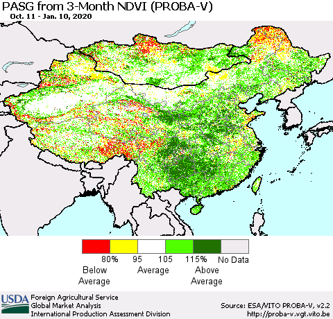 China, Mongolia and Taiwan PASG from 3-Month NDVI (PROBA-V) Thematic Map For 1/1/2020 - 1/10/2020