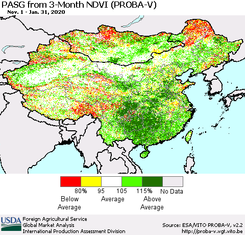 China, Mongolia and Taiwan PASG from 3-Month NDVI (PROBA-V) Thematic Map For 1/21/2020 - 1/31/2020