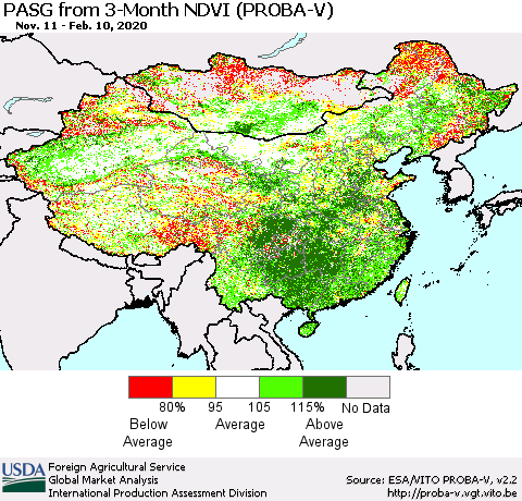 China, Mongolia and Taiwan PASG from 3-Month NDVI (PROBA-V) Thematic Map For 2/1/2020 - 2/10/2020