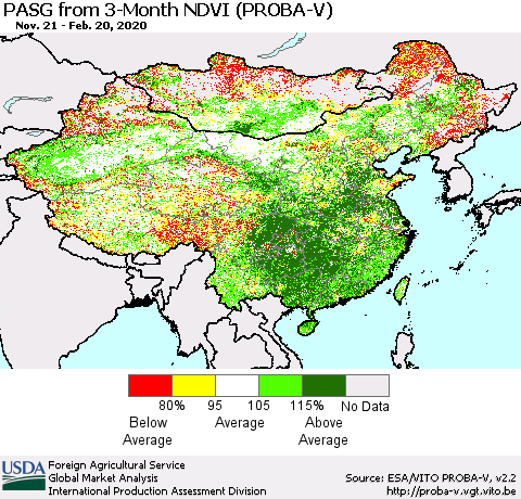 China, Mongolia and Taiwan PASG from 3-Month NDVI (PROBA-V) Thematic Map For 2/11/2020 - 2/20/2020
