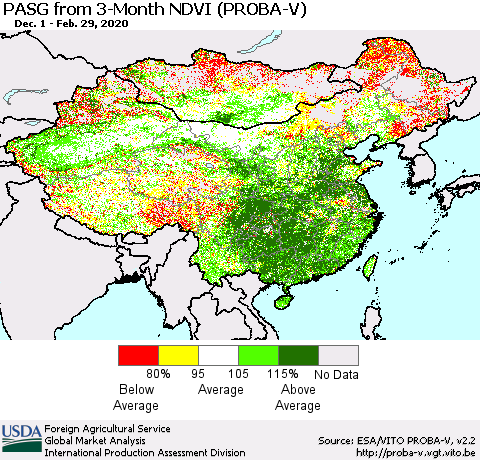 China, Mongolia and Taiwan PASG from 3-Month NDVI (PROBA-V) Thematic Map For 2/21/2020 - 2/29/2020