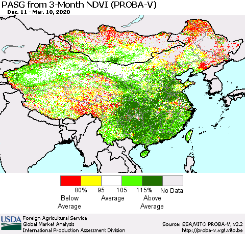 China, Mongolia and Taiwan PASG from 3-Month NDVI (PROBA-V) Thematic Map For 3/1/2020 - 3/10/2020