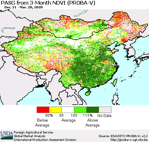 China, Mongolia and Taiwan PASG from 3-Month NDVI (PROBA-V) Thematic Map For 3/11/2020 - 3/20/2020