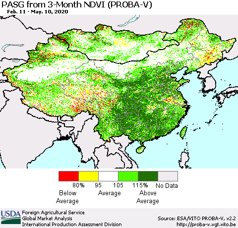 China, Mongolia and Taiwan PASG from 3-Month NDVI (PROBA-V) Thematic Map For 5/1/2020 - 5/10/2020