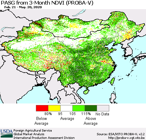China, Mongolia and Taiwan PASG from 3-Month NDVI (PROBA-V) Thematic Map For 5/11/2020 - 5/20/2020