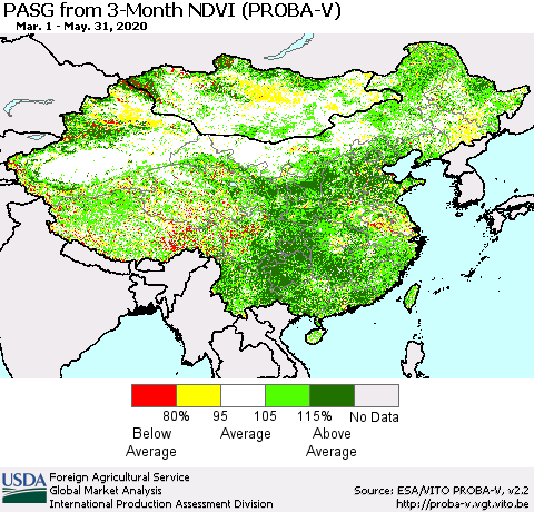 China, Mongolia and Taiwan PASG from 3-Month NDVI (PROBA-V) Thematic Map For 5/21/2020 - 5/31/2020