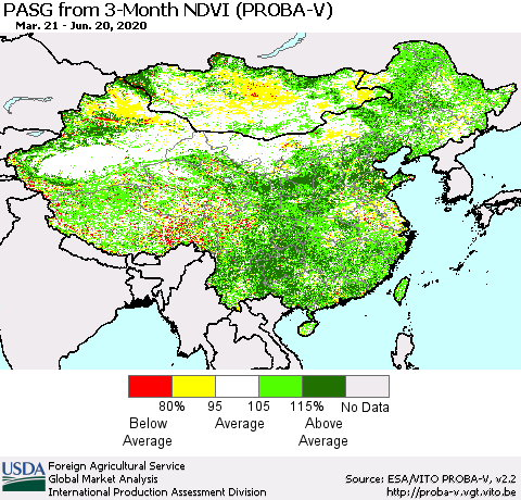 China, Mongolia and Taiwan PASG from 3-Month NDVI (PROBA-V) Thematic Map For 6/11/2020 - 6/20/2020