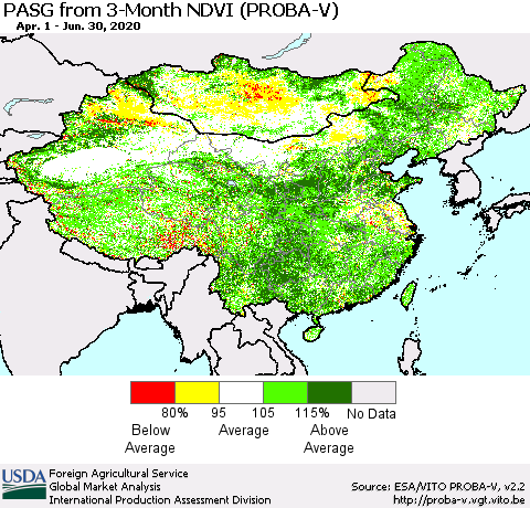 China, Mongolia and Taiwan PASG from 3-Month NDVI (PROBA-V) Thematic Map For 6/21/2020 - 6/30/2020