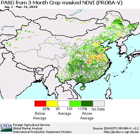 China, Mongolia and Taiwan PASG from 3-Month Crop-masked NDVI (PROBA-V) Thematic Map For 3/21/2018 - 3/31/2018